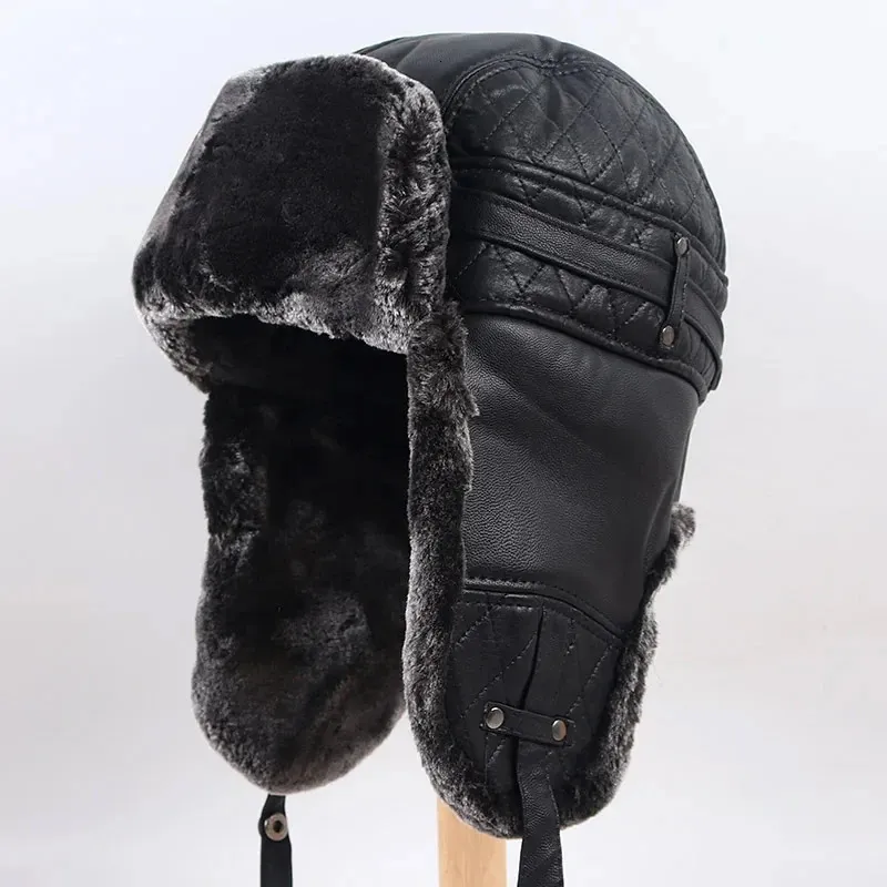 Winter Bomber Hat Mannen Lederen Oorflap Warme Sneeuw Ushanka Hoeden Papa Rusland Sovjet-Faux Fur Caps Luchtvaart Gorro Ruso Hombre 231228