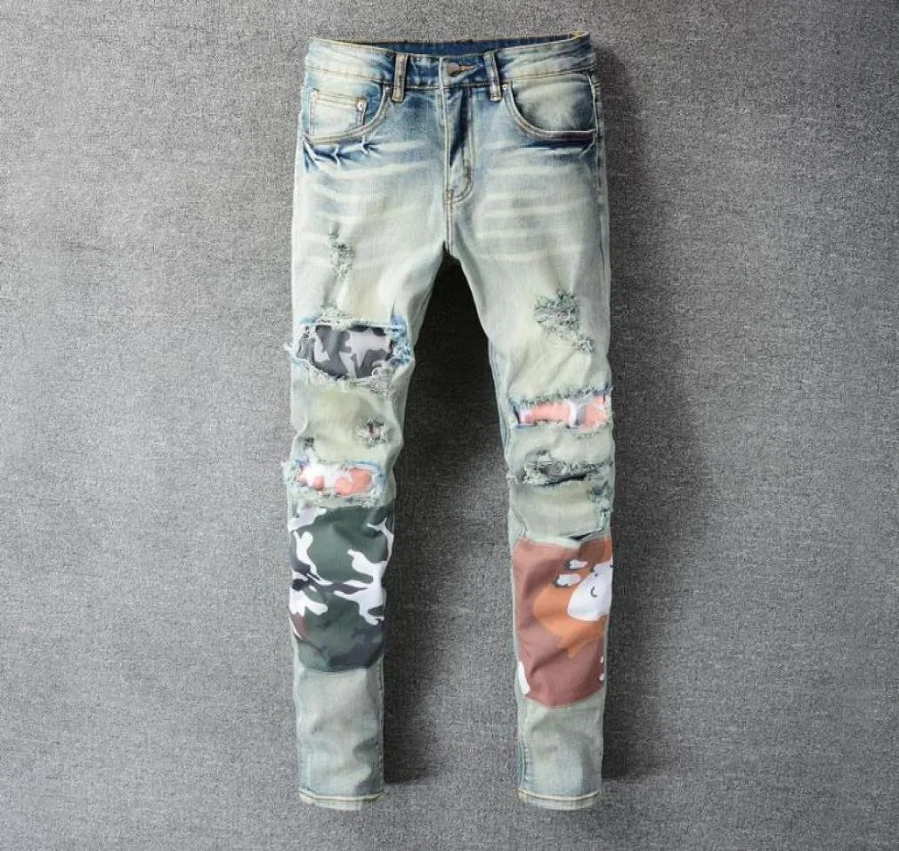 Men039s Jeans American Street Style moda Men Retro jasnoniebieskie Slim Fit Ripped Patches Designer Hip Hop Denim Punk Punks9469088
