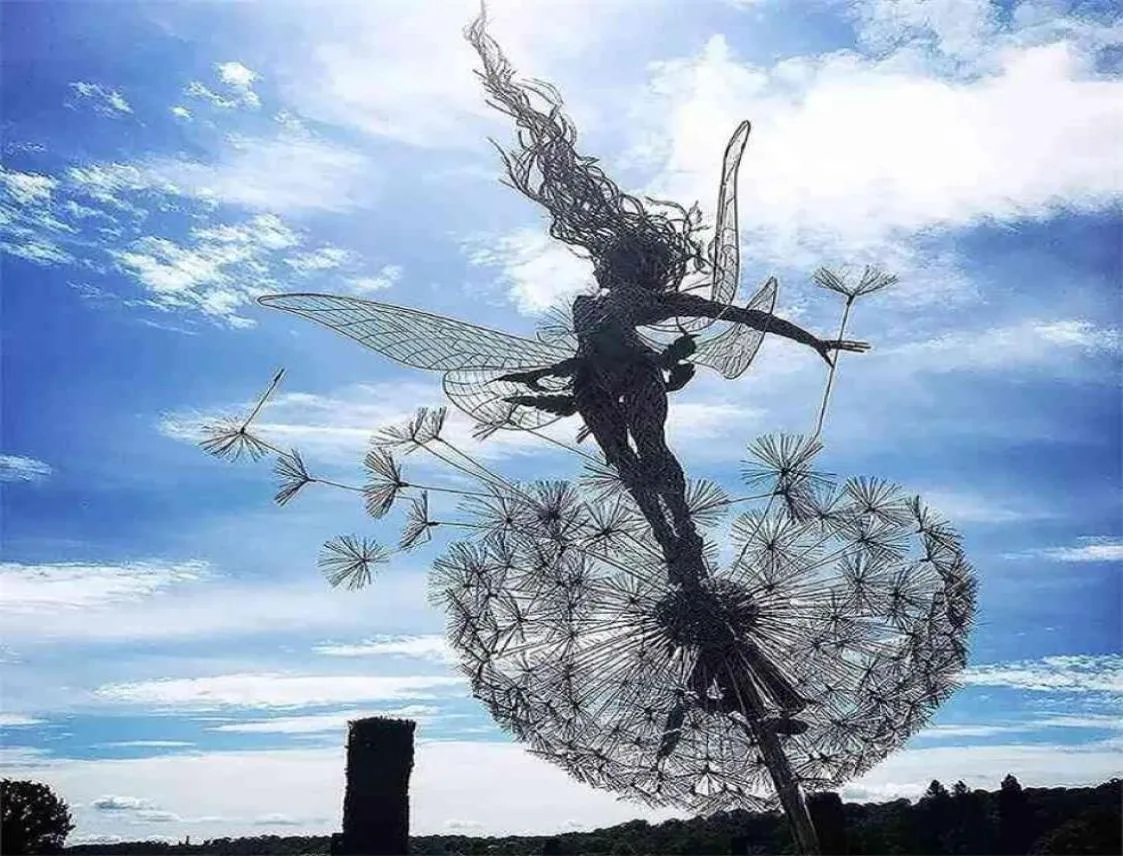 庭の装飾的なステークの妖精とタンポポは一緒に踊り、金属ヤードアート装飾芝生の風景彫刻の装飾2109112606291