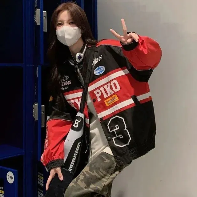 DHgate.com:Y2K Red & White Bomber Jacket: Unisex Biker
