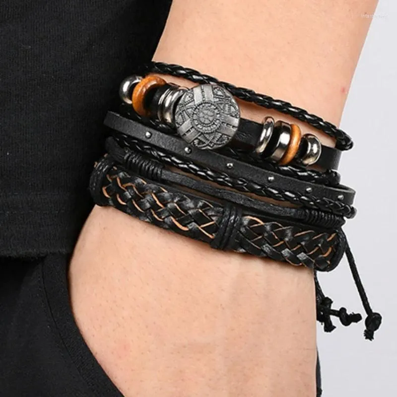 Bracelets de charme Punk Alliage Bracelet En Cuir Pour Hommes Bouclier Multicouche Vintage Peau De Vachette Tendance Street Shoot 4pcs