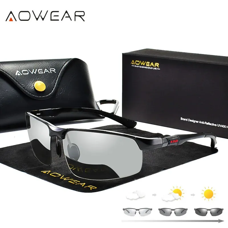 AOWEAR Pochromic Sunglasses Men Polarized Day Night Driving Glasses High Quality Aluminium Rimless Chameleon Eyewear Gafas 231228
