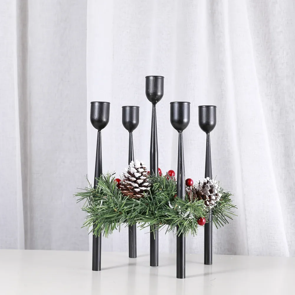 Castiçais pretos com 5 braços, castiçais para decoração de mesa de natal, suporte de candelabros