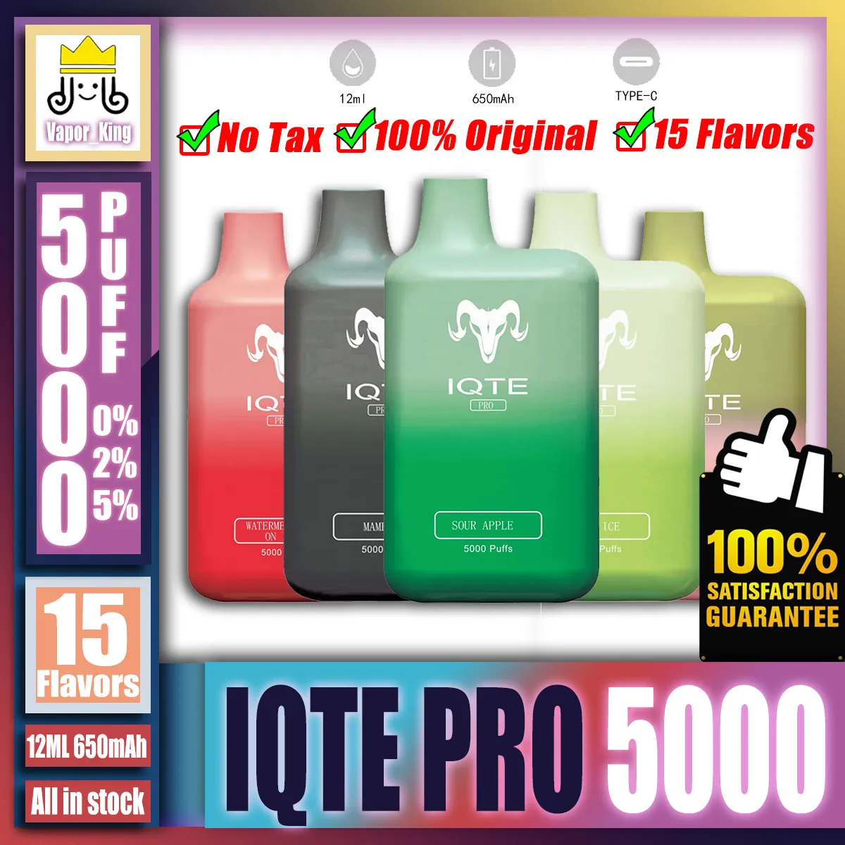 Originele IQTE PRO 5000 5K Bladerdeeg 5000 5K Oplaadbare E-sigaret Wegwerp Vape Pen 12ml Voorgevulde 650mAh Batterij VS QST 6000 6K