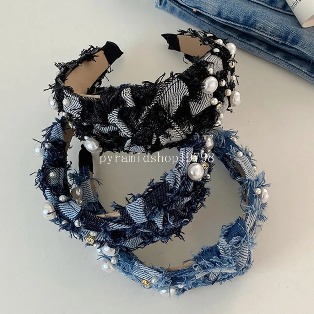 New Korean Denim Knotted Headband Pearl Rhinestone Girls Wide-brimmed Head Hoop Plaid Tassels Hairband Hair Accessories