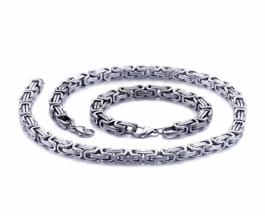 5mm6mm8mm wide Silver Stainless Steel King Byzantine Chain Necklace Bracelet Mens Jewelry Handmade2191518