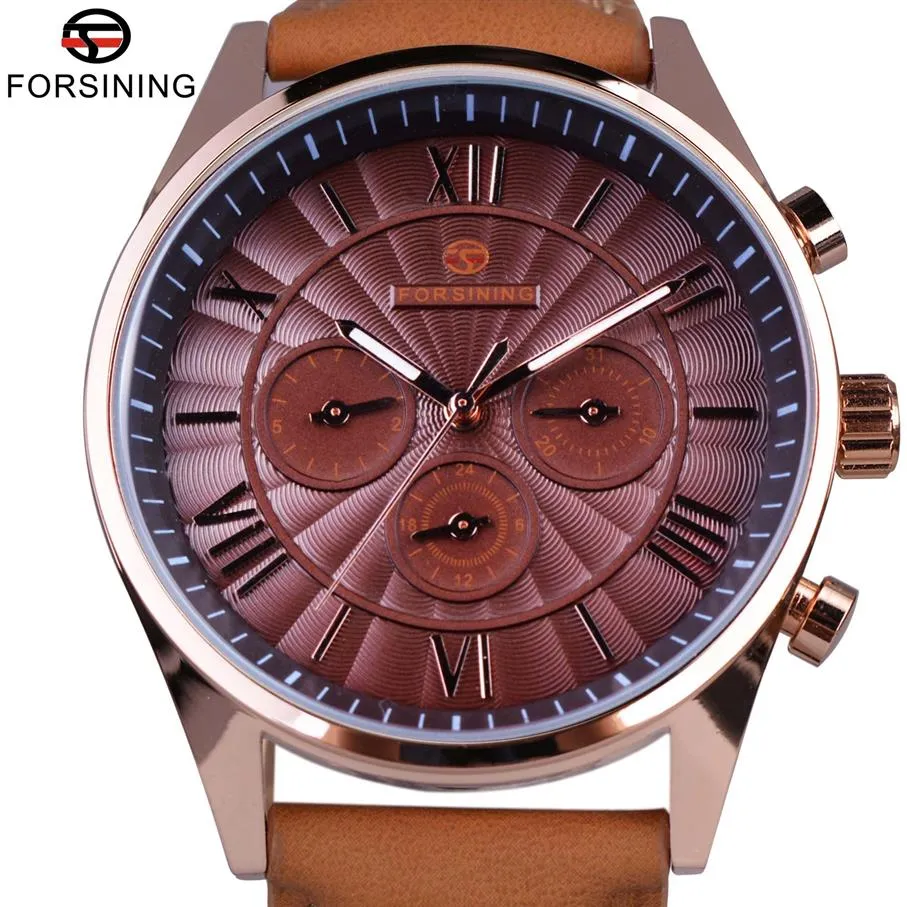 Forsining Classic Series Swirl Dial Suede Strap 6 Hands Calendar Display Men Watches Top Brand Luxury Automatic Watch Clock Men2149