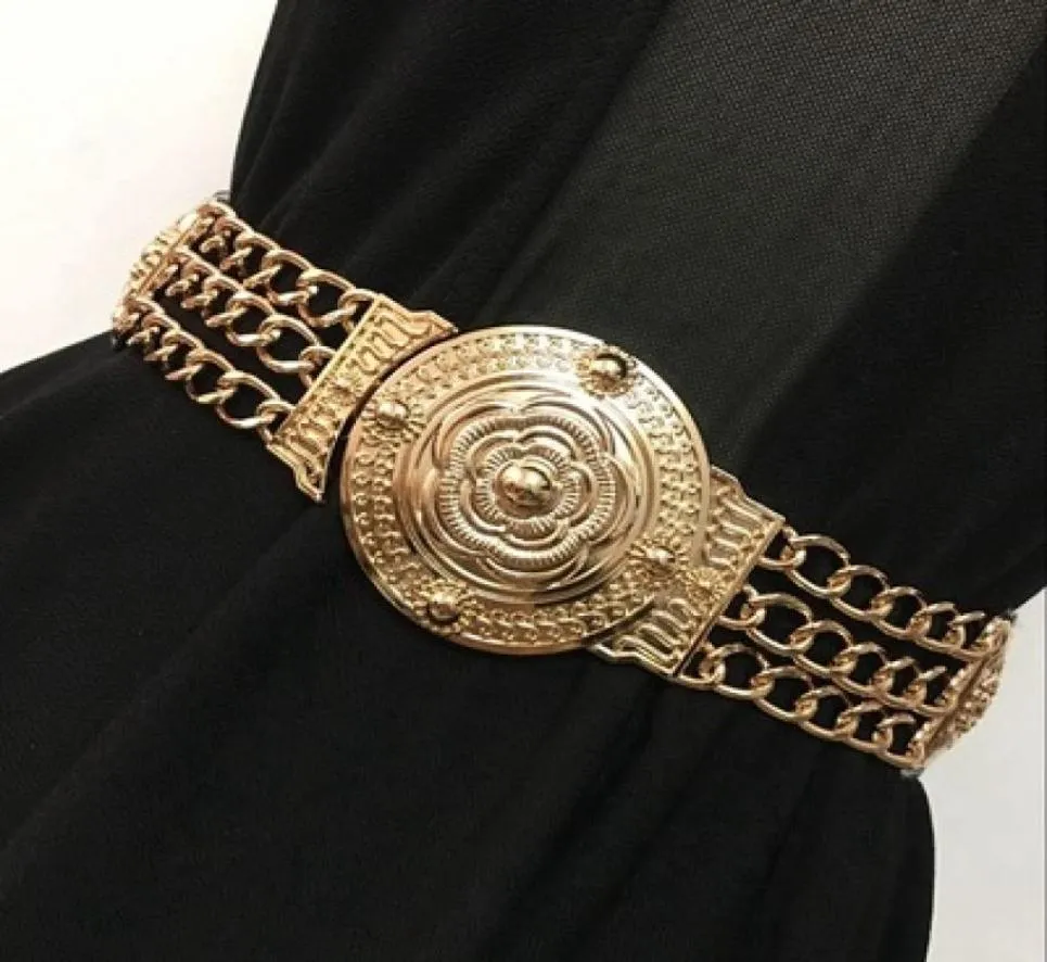 Women Flower Waist Belts Fashion Ladies Floral Elastic Wide Gold Metal Belt For Dress Female Golden Chain Belt Girls7453024