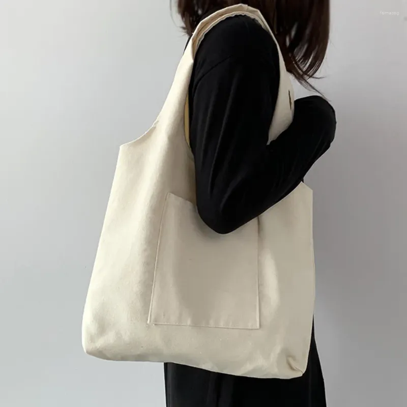 Shopping Bags Beige Canvas Bag Women Girl Reusable Eco Black HandBags Non-woven Fabric Large Capacity Solid Color Tote 42X36cm