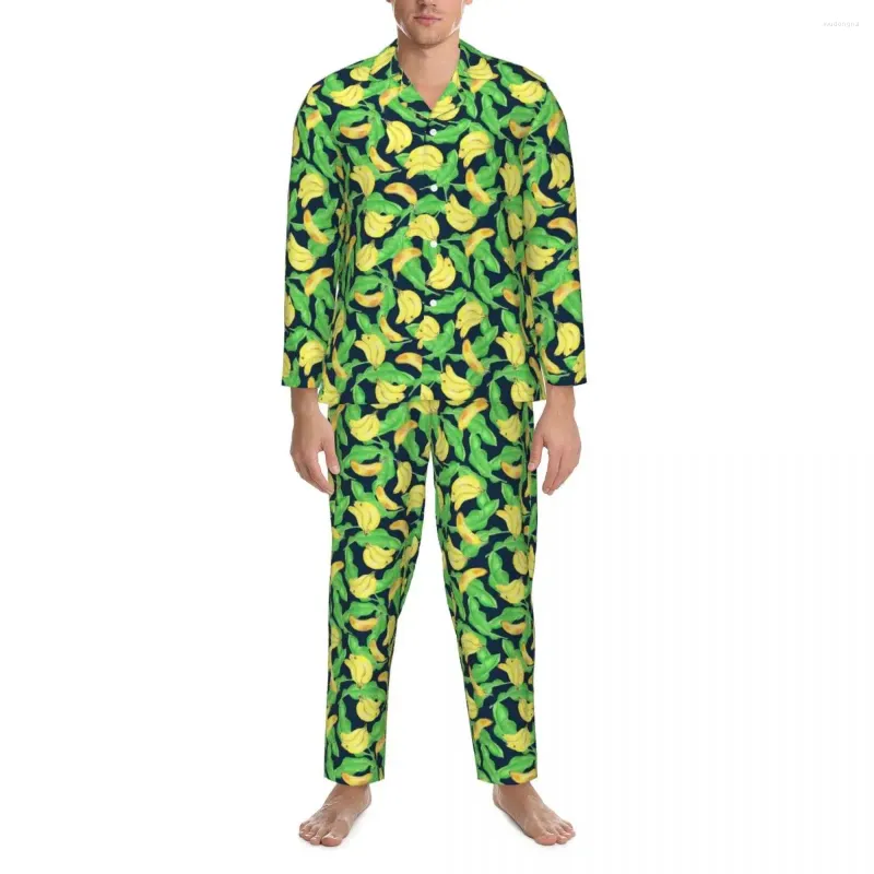 Men's Sleepwear Pajamas Men Tropical Banana Sleep Fruit Print 2 Pieces Loose Pajama Set Long Sleeve Cute Oversize Home Suit