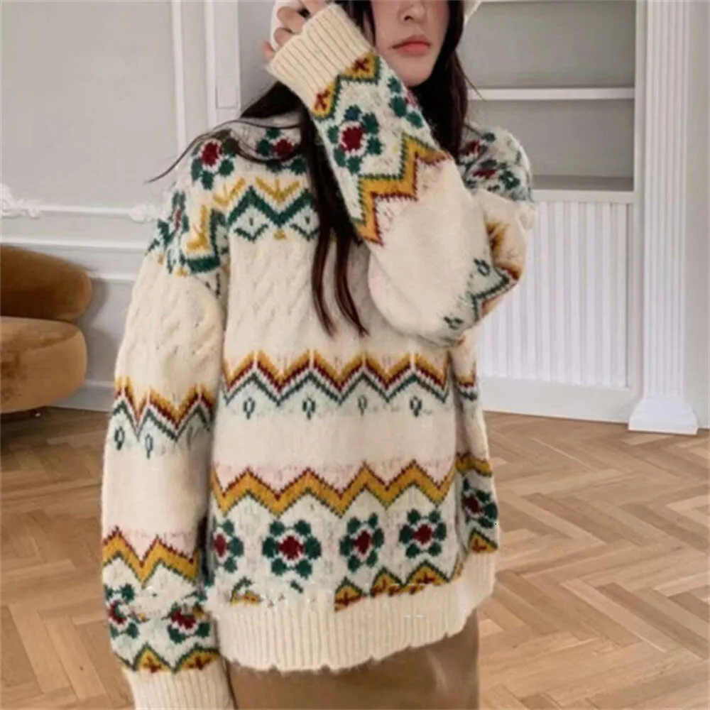 Stricker Pullover sanfter Pullover weiche Frauen kleiner und schicker klebiger runder Hals locker Hooked Blume Retro für Top