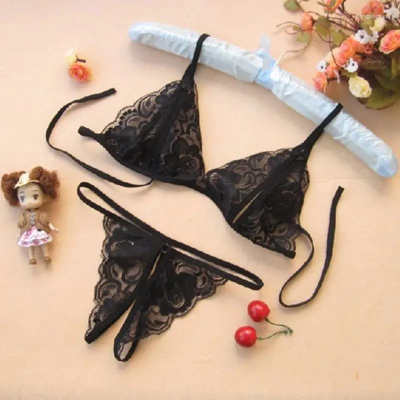 Set di reggiseni Set di lingerie sexy in pizzo per donna Mutandine aperte Intimo Mutande per ragazza Tinta unita Slip trasparenti Reggiseno erotico