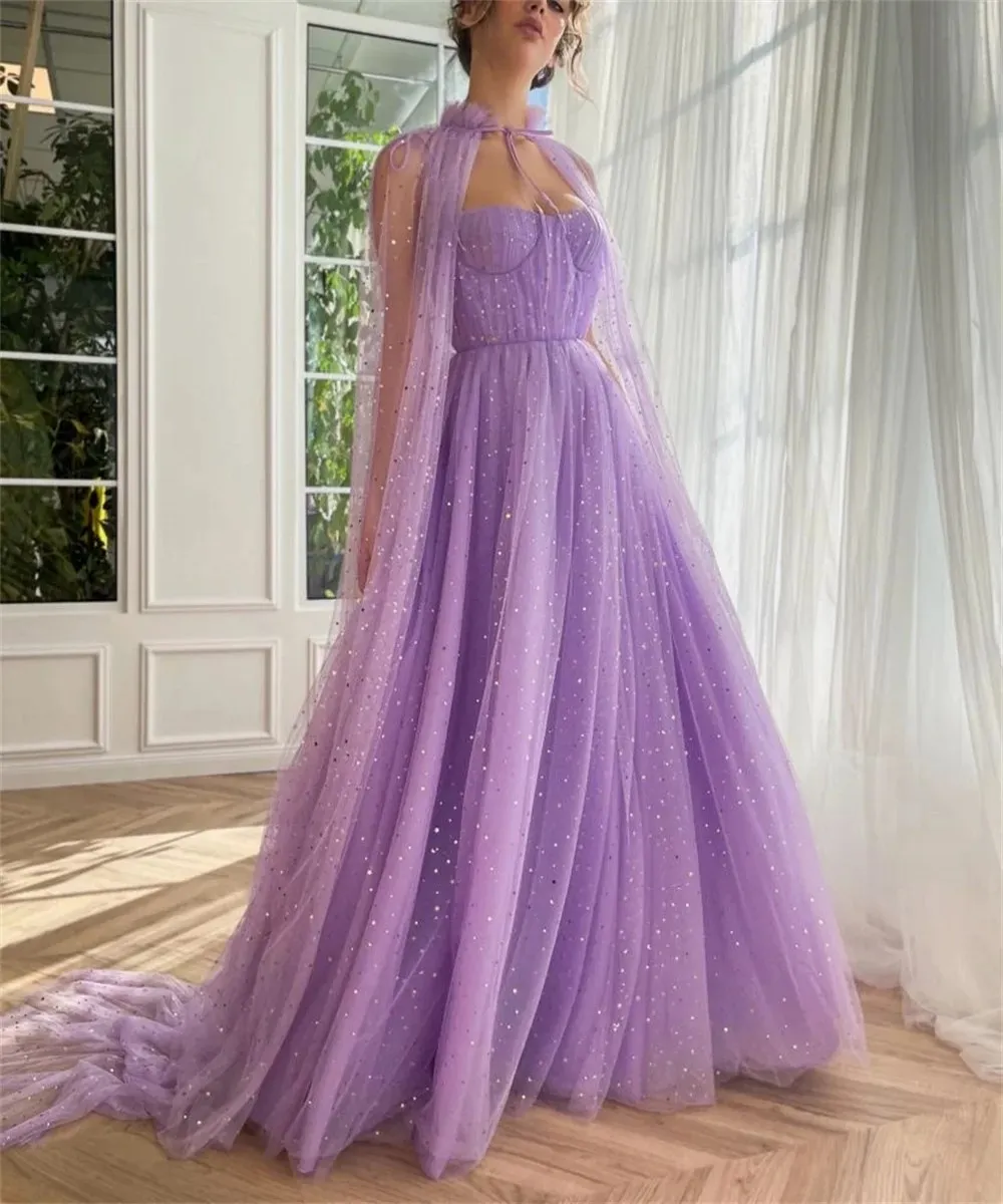 Elegancka fioletowa sukienka wieczorna 2024 Cape Rleeves Sweetheart Glitter Carzy A-line Formal impreza Suknie Promowe Vestidos de Feast Robe de Soiree