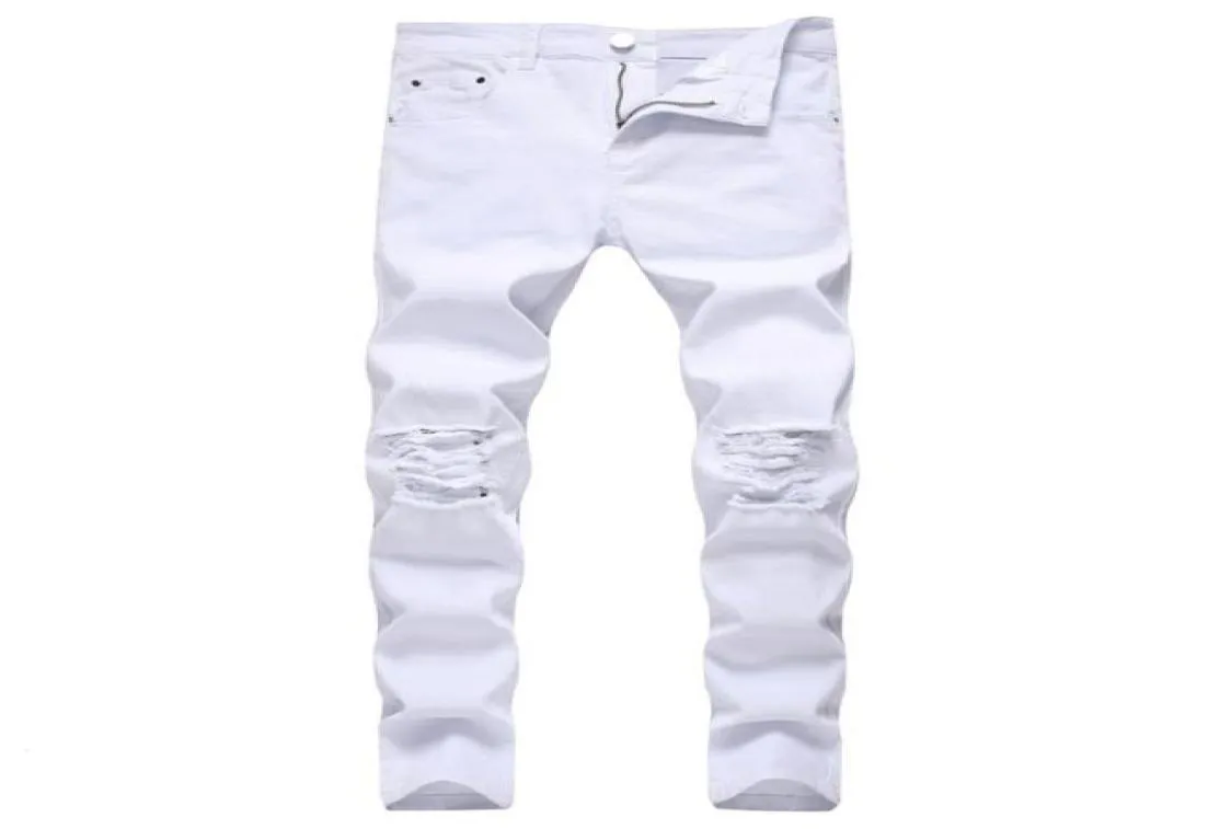 Godlikeu White Men039s Ripped Tapered Leg Jeans Prosted Knee Holes Slim Fit Denim Pants Jeans Pour Hommes311T6316962