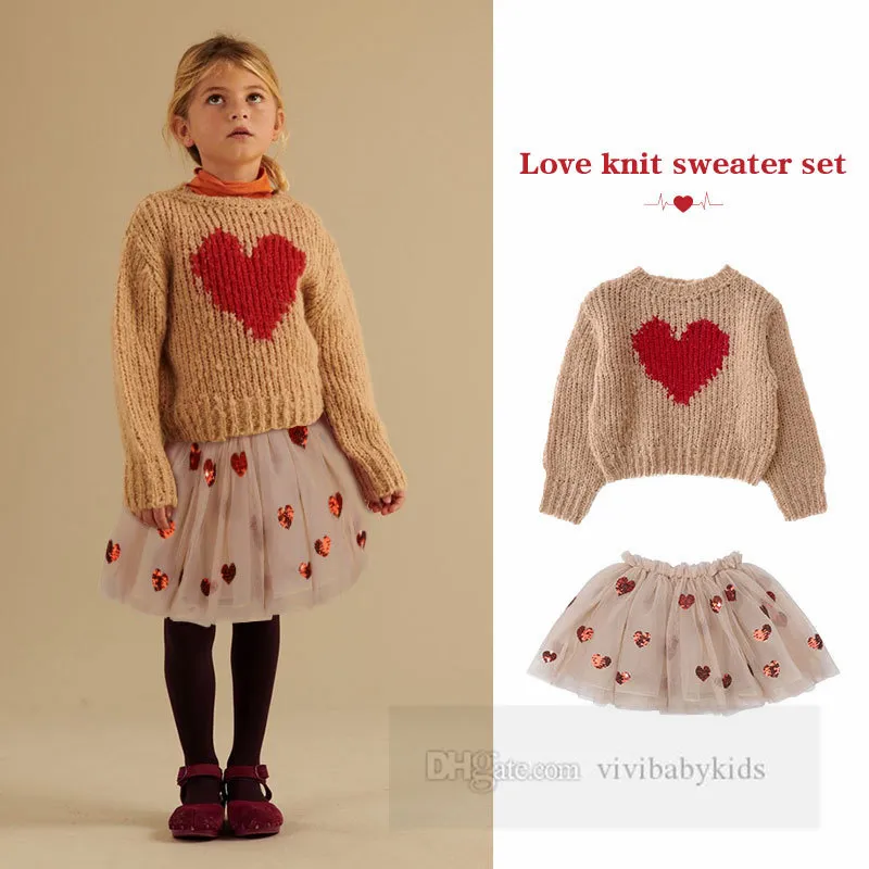 San Valentino set di vestiti per bambini ragazze amano cuore maglione lavorato a maglia pullover paillettes gonna in tulle di pizzo 2 pezzi abiti da principessa per bambini Z6376