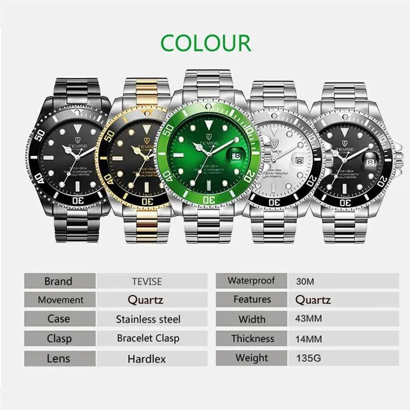 TEVISE mode hommes montre à Quartz calendrier étanche montres d'affaires en acier inoxydable hommes montres relojo mascuino top watch210u