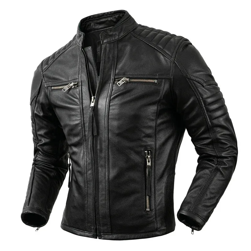 Vintage Motorcycle Jacket Mens Genuine Cowhide Leather Biker Coat