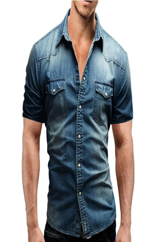 Homens primavera verão denim camisa fina manga curta algodão macio dois bolsos fino leve elástico jeans cowboy roupas 4391763