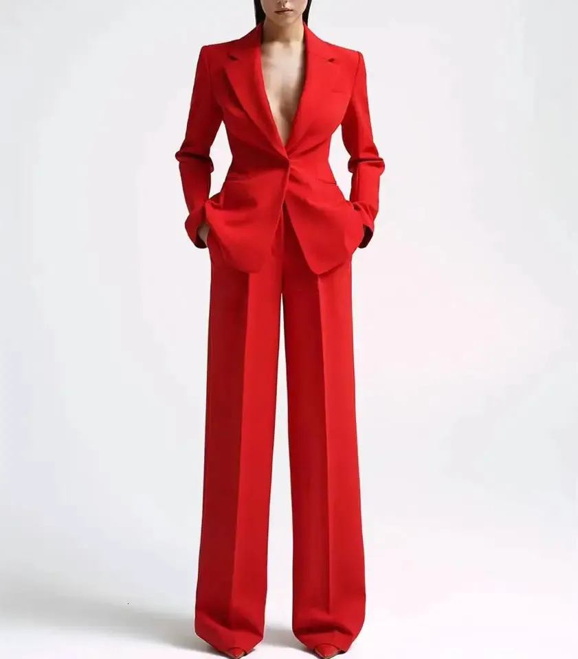 Costume rouge pour femmes, ensemble pantalon et chemisier élégant pour femmes, groupes de pantalons combinés, grande taille, deux pièces, 231227