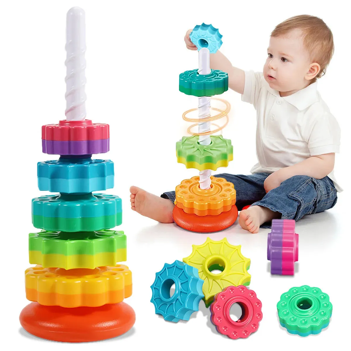 Torre arcobaleno rotante Montessori Puzzle impilabile per bambini Giocattoli Sicurezza e protezione ambientale Bambini colorati 231228