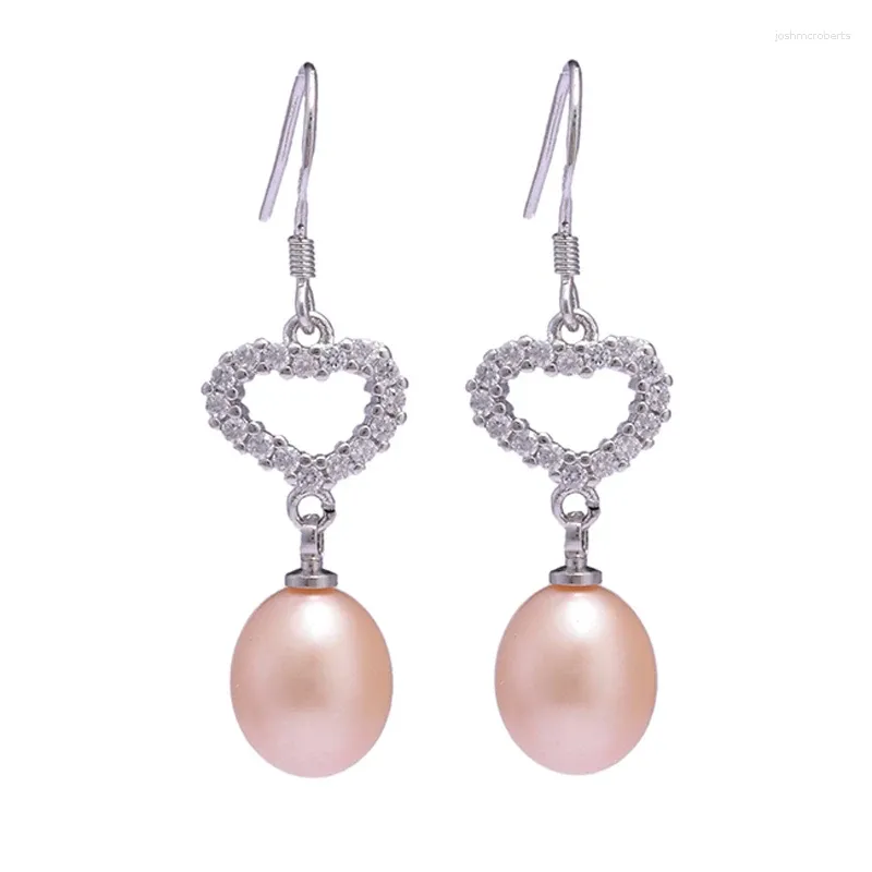 Pendientes de moda de circonio con gota de perla Real, colgante de corazón de cristal rosa de plata 925 para mujeres y niñas, joyería fina para fiesta y boda