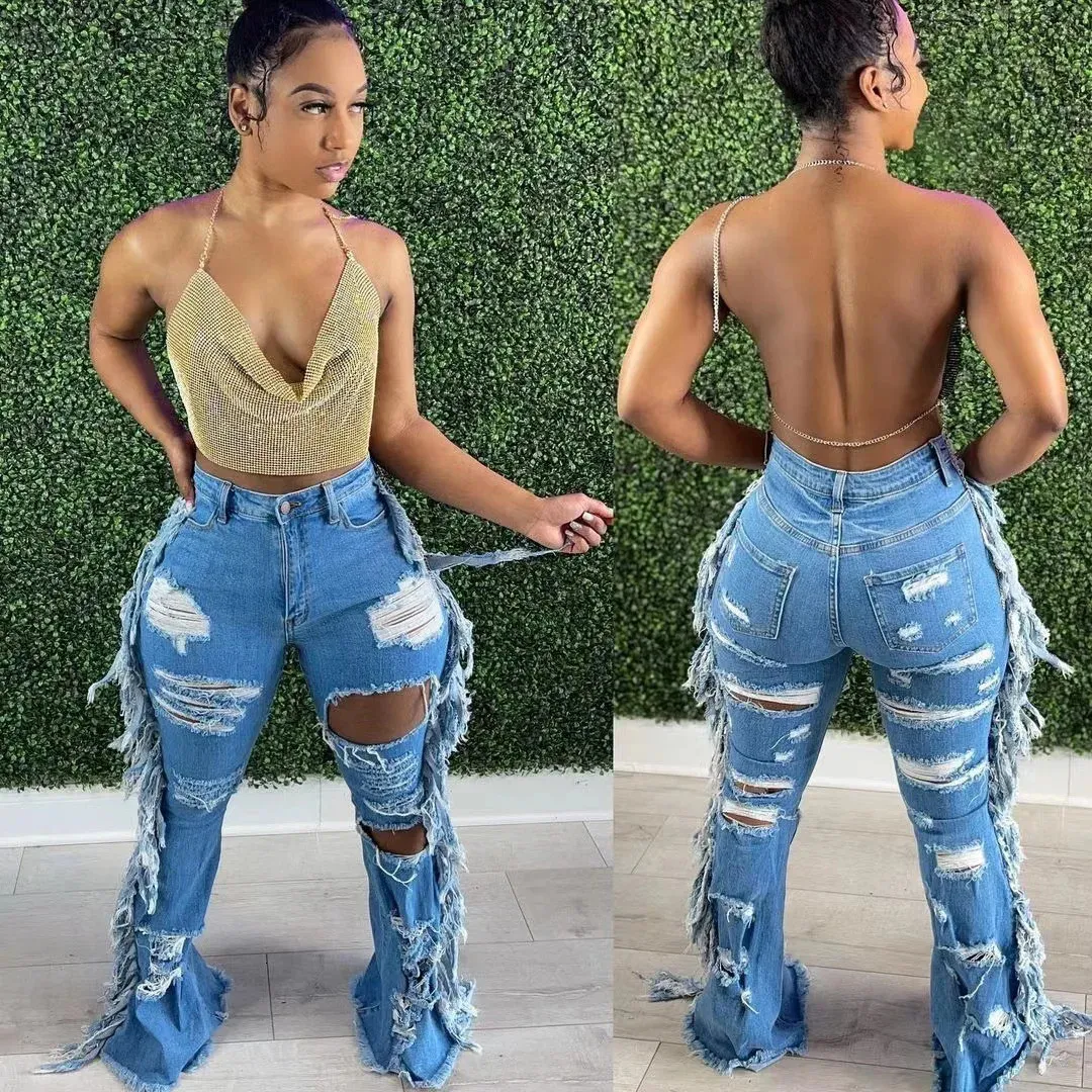 Streetwear denim Cowboy Pants High Waist Side Tassel Pockets Sexy Hole Hollow Out ripped jean Skinny boyfriend 231228