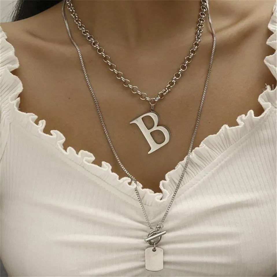 Collier avec pendentif en chaîne Punk en acier inoxydable pour femmes, style gothique, lettre B, métal, Double cou de Couple, bijoux à la mode, ras du cou 294B