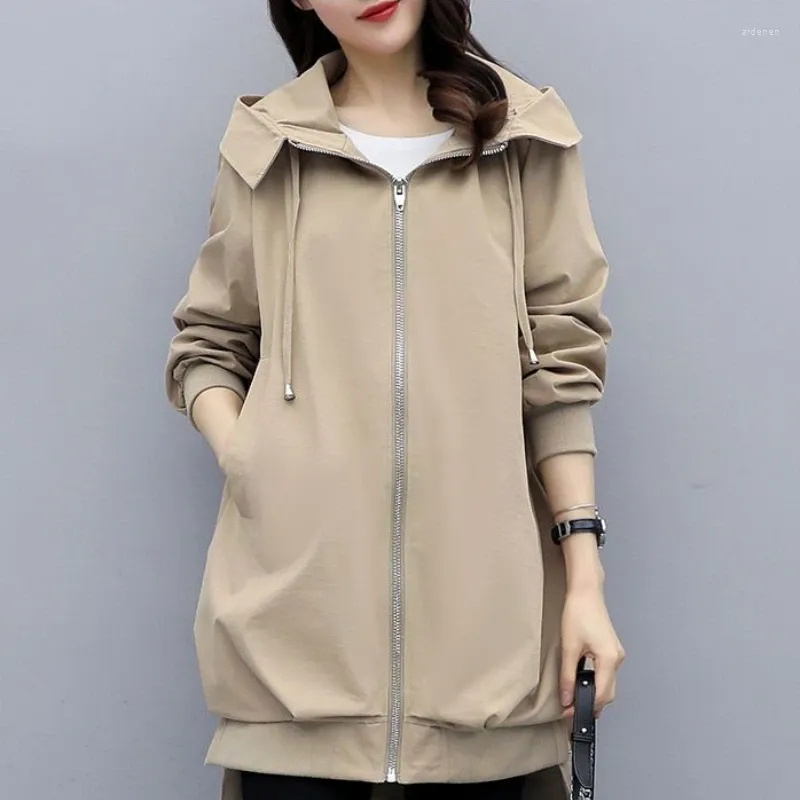 Kvinnors dikerockar 2023 Spring Autumn Hooded Mid-Längd Style Casual Solid Color Loose Coat Blouse Feminin Releasted Thin