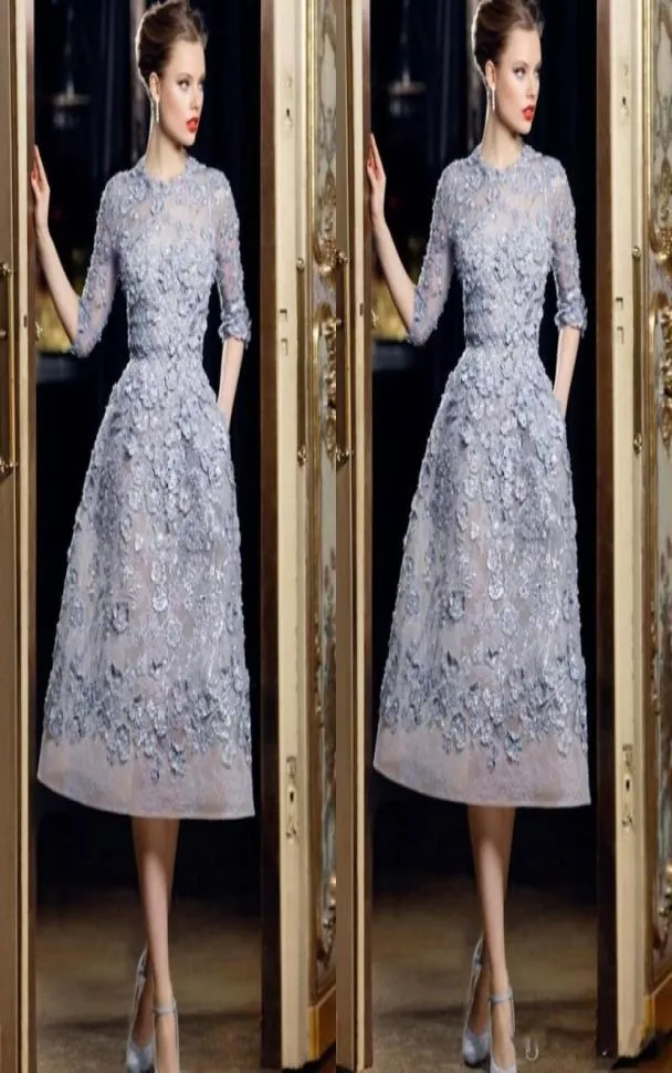 Korta aftonklänningar med 3D -blommiga applikationer Halva ärmpärlor Pearls Party Dress for Women Organza Ellie Saab Formal Prom Gow4882986