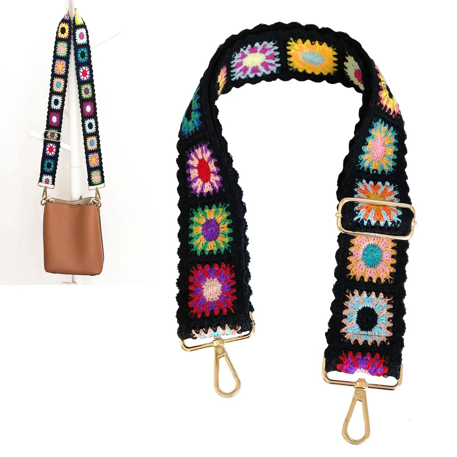 ハンドバッグ用のかぎ針編みの花のショルダーストラップDIYアクセサリー幅広い交換用ベルトクロスボディキャンバスバッグ財布パーツ231227