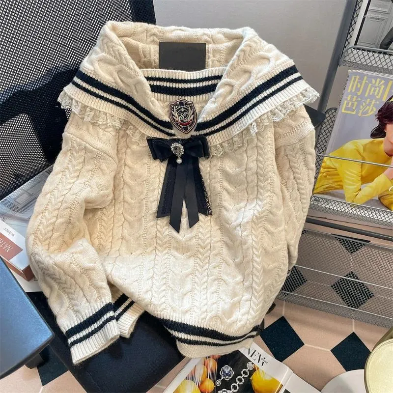 Kvinnors tröjor Autumn Winter Preppy Style JK Sticked Women Sweet Lace Sailor Collar Bow Pullovers Retro Y2k Thighted Warm Jumper Coat