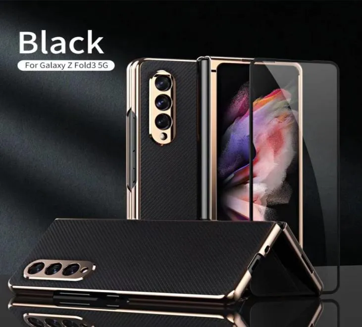 Carbon Fiber With Tempered Glass Cases For Samsung Galaxy Z Fold3 Fold 3 5G Case Protective Film Screen Protector Electroplating C3209883