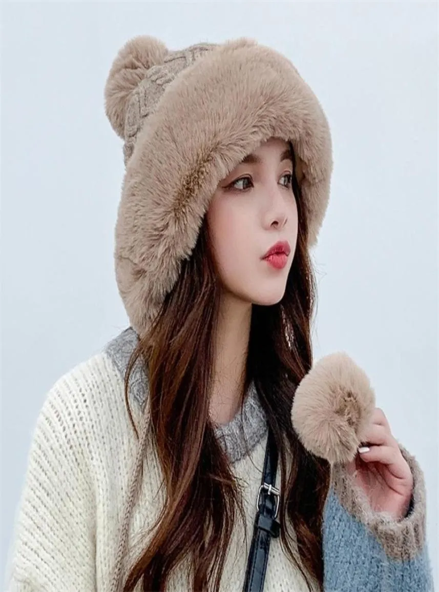 BeanieSkull Caps Mode Pluche Pompom Dikker Hoeden Voor Vrouwen Meisjes Winter Warm Met Oorbeschermers Winddicht Sneeuwdicht Zacht 2210139024137