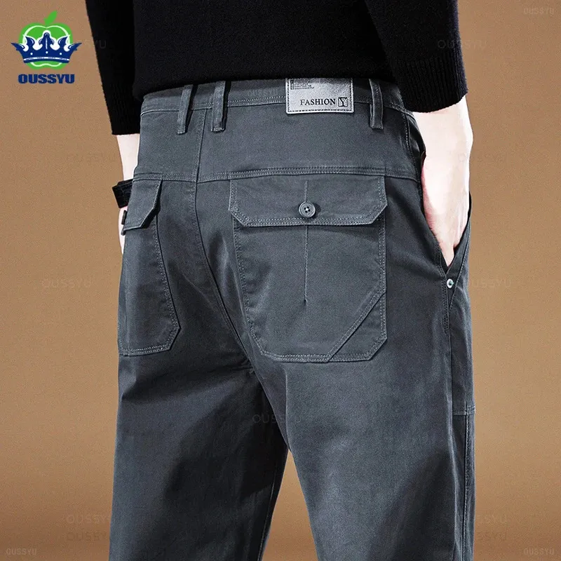 Autumn Winter Men's Cargo Pants 97 Cotton Thick Solid Color Work Wear Gray Casual Pant Wide Korean Jogger Trousers Male38 40 231227