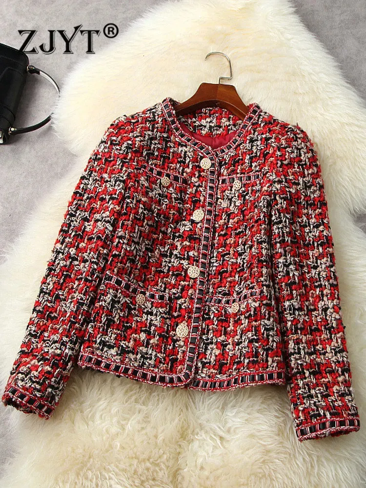 Zjyt Autumn Winter Runway Fashion Plaid Tweed Woolen Jackets Coats Women Lengeve Single Breshed Vintage Outerwear Office 231227