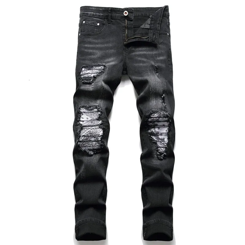 Hommes paisley bandana imprimer patch jeans streetwear patchwork trous ripped stretch denim pantalon slim biker biker pantalon 231227