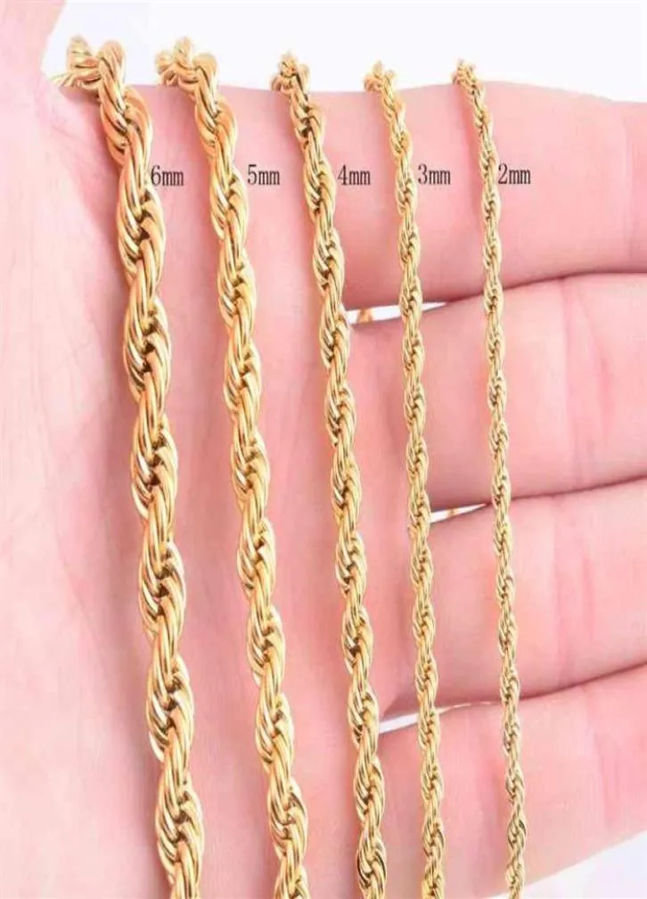 Corrente de corda banhada a ouro de alta qualidade Colar de aço inoxidável para mulheres homens moda dourada correntes de corda joias presente 2 3 4 5 6 7mm36449520