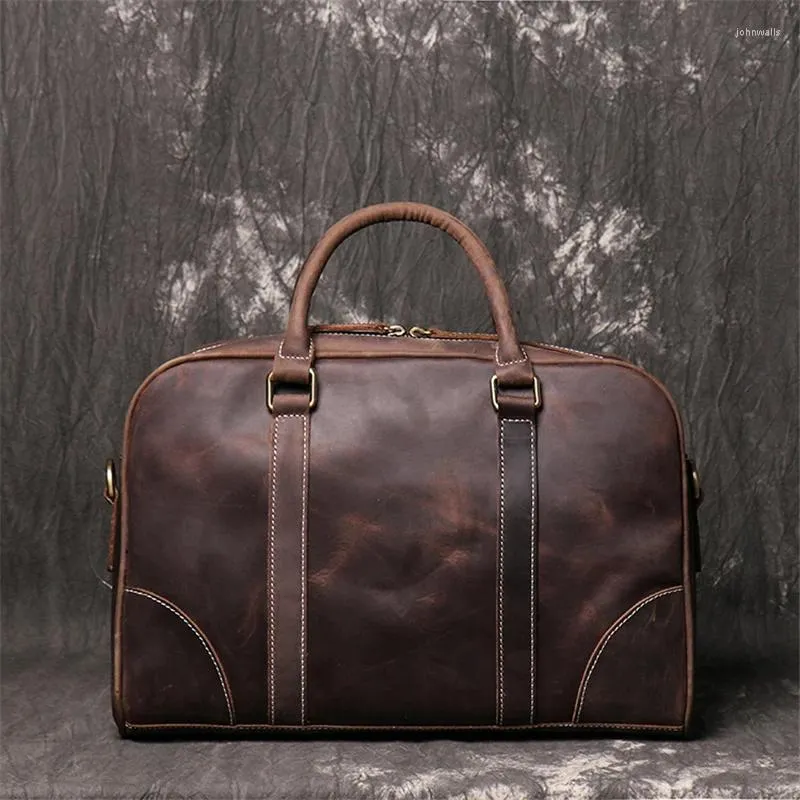 BROCKASS NESITU Highend A4 Vintage Brown Svart äkta Crazy Horse Leather Men Portfolio Portfölj 14 '' Laptop Messenger Väskor