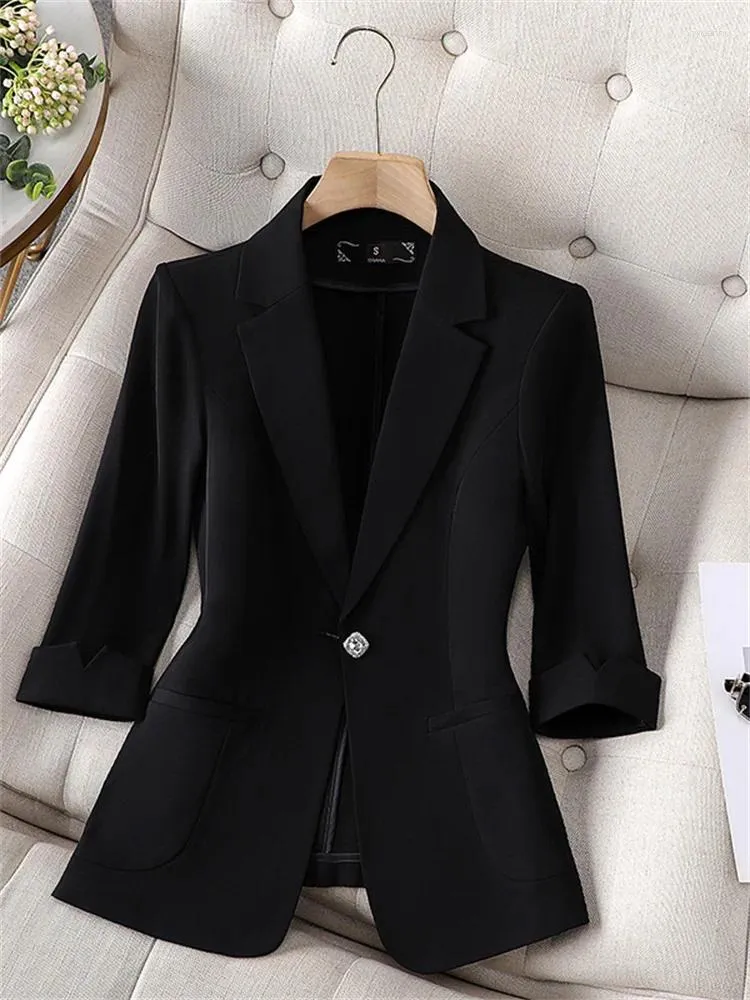 Women's Suits Black Formal Blazer Women Jacket Fashion Three Quarter Sleeve Blazers Single Button Notched Coats High Quality Outerwear