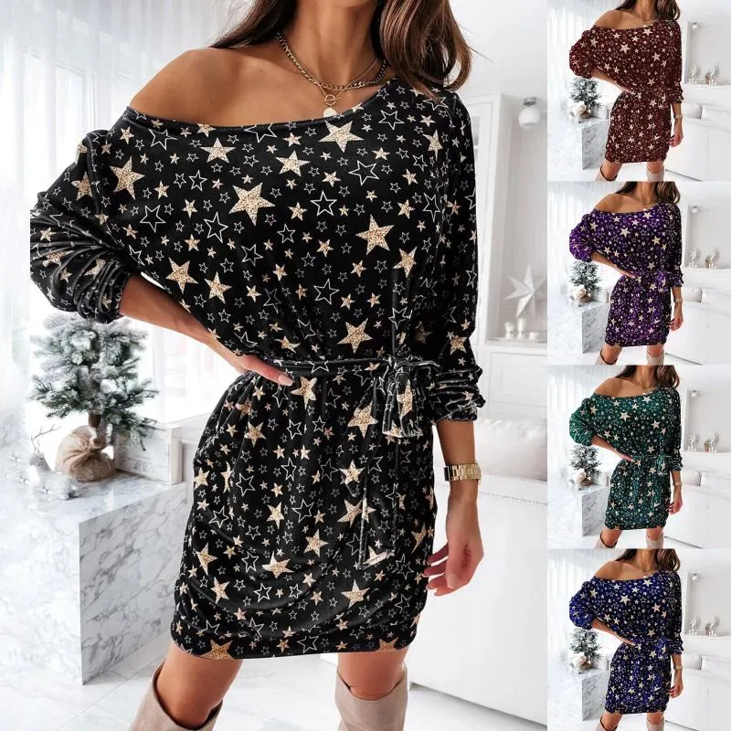 Vestidos casuales Mujeres sueltas Navidad Sexy Manga larga Estrella Impreso Damas Lace Off Hombro Vestido de moda