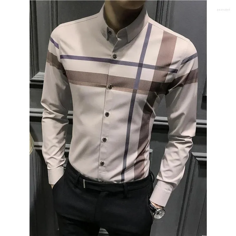 Camisas casuais masculinas de alta qualidade camisa xadrez listra respirável negócios seda pele lisa manga longa roupas masculinas