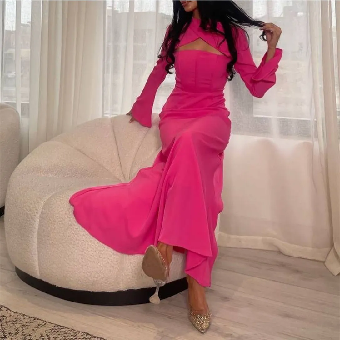 Elegant långärmad höghals halter crepe aftonklänningar sjöjungfru rosa veckad fotled längd svep tåg prom klänning party klänningar för kvinnor