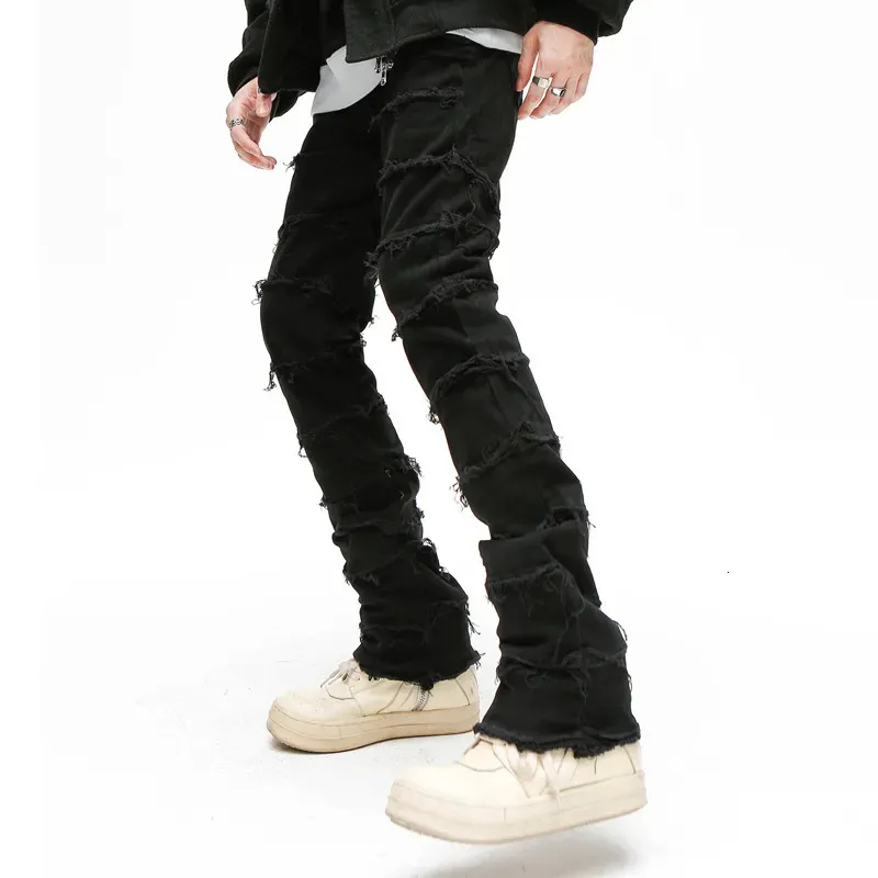 Мужские расклешенные брюки в стиле ретро в стиле пэчворк, длинные рваные брюки в стиле гранж, прямые мешковатые потертые джинсы Y2k для мужчин 231228