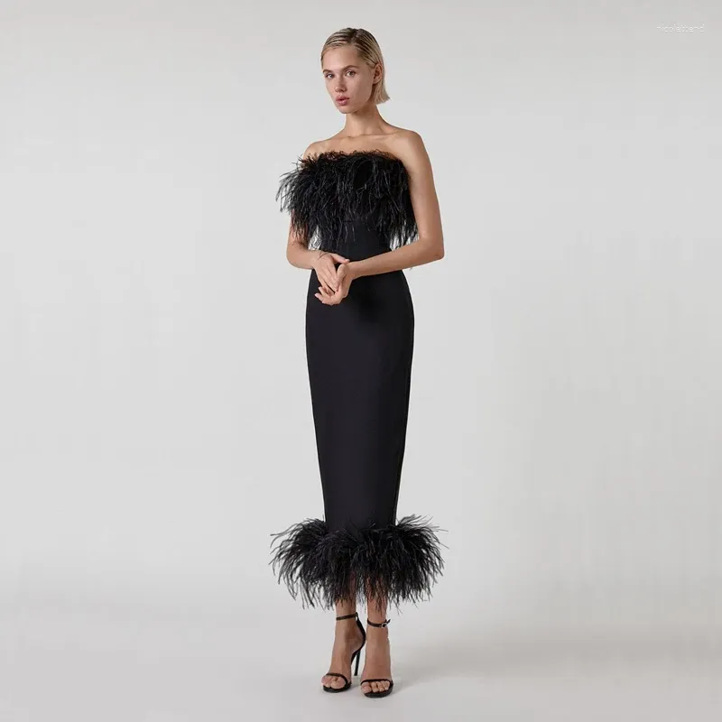 Casual Dresses Factory Wholesale Women's Multi-Color Strapless Feather Sexy Celebrity Boutique Cocktail Party Bandag Long Dress