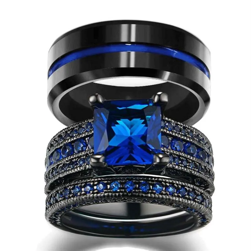 Çift Mücevher - Erkekler 8mm Genişlik Mavi Çizgi Şerit Tungsten Karbür Yüzük Kadınlar 14kt Siyah Altın Dolgulu Doğal Safir 217Z