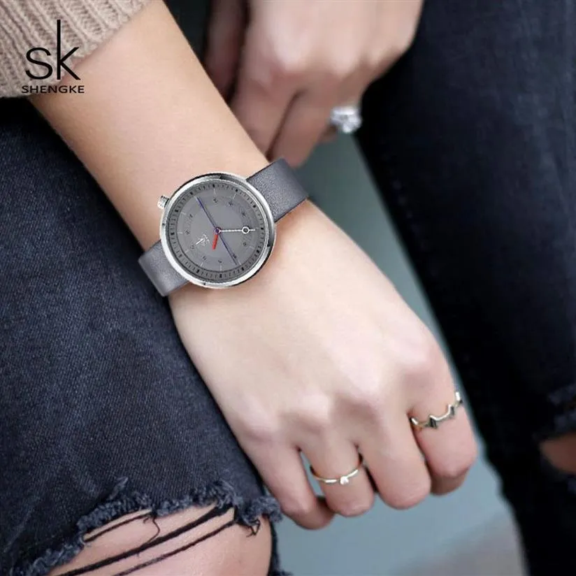 Shengke moda feminina relógios pulseira de couro preto reloj mujer novo criativo relógio de quartzo presente do dia das mulheres para mulher # k80442292