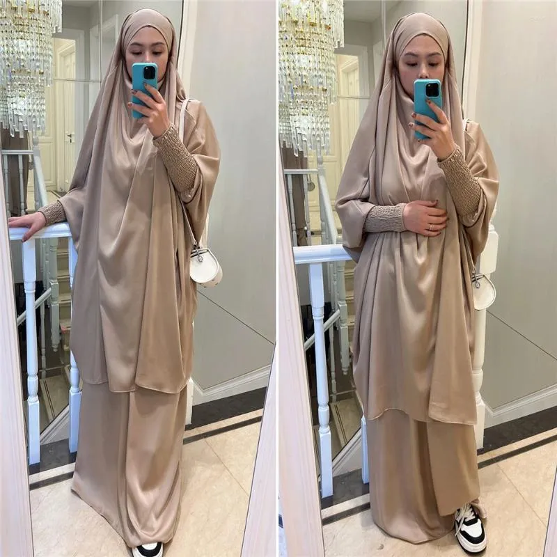 Rúscula de roupas étnicas para mulheres 2 peças conjunto de peças de oração muçulmana hijab vestido abaya long khimar ramadan vestido abayas dubai sets