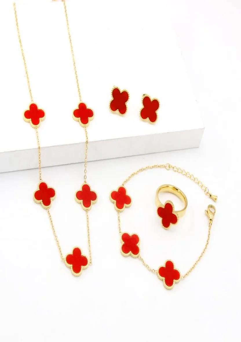 Ladies Clover Charm Bracelets Necklace Earring Ring Set for Women5019769