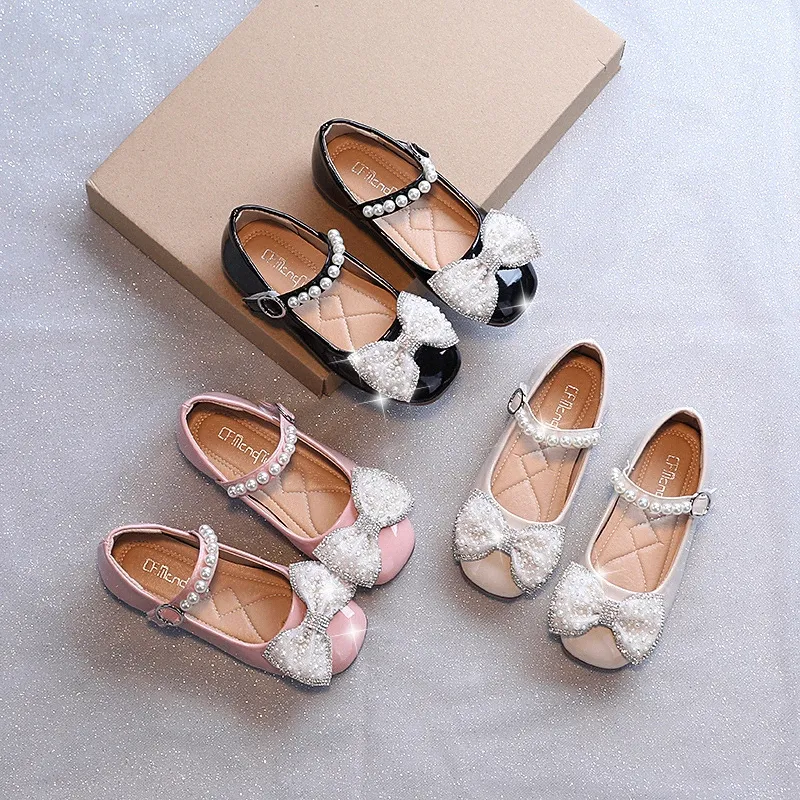 flickor prinsessor skor pärla bowknot baby barn läder skor svart vit rosa spädbarn småbarn barn fotskydd casual skor y3ho#