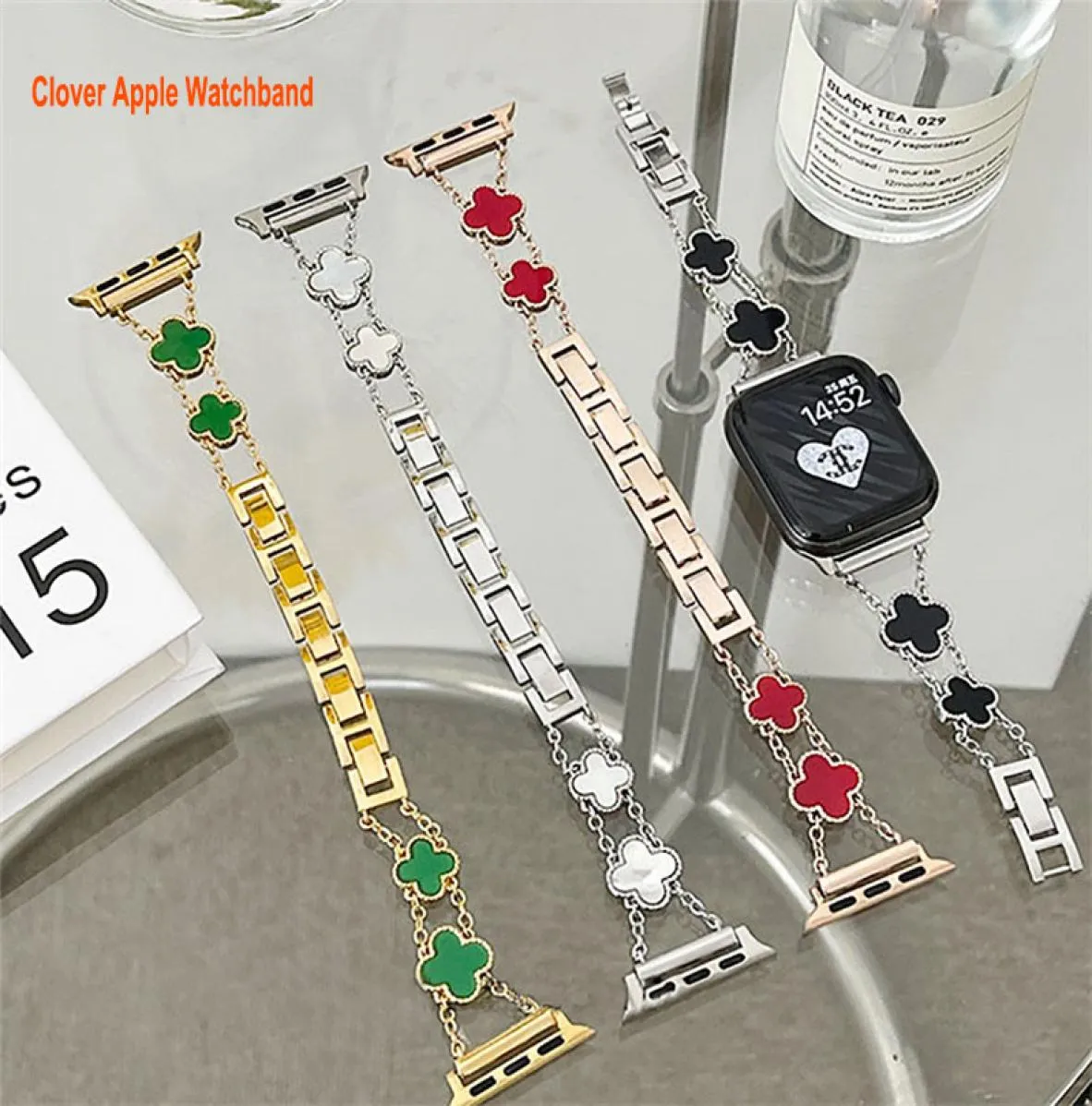 Four Leaf Clover Smart Straps Watch Band 38mm 40mm 41mm 42mm 44mm 45mm Women Cuban Chain Rhinestone Replacement Strap Compatible iWatch Series 8 7 6 5 4 3 2 17224229